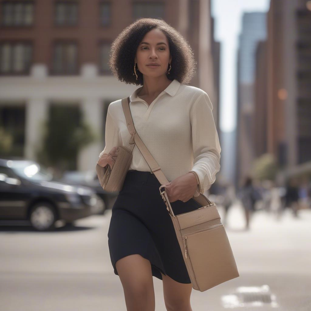 A woman wearing the Eric Javits Demi Pouch woven shoulder bag in a casual everyday setting.