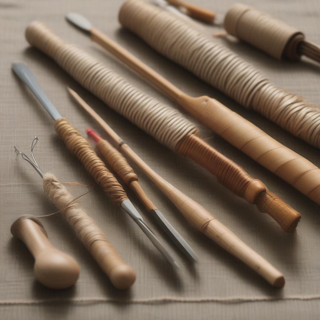 A collection of essential tools for basket weaving, including needles, awls, and measuring tapes.