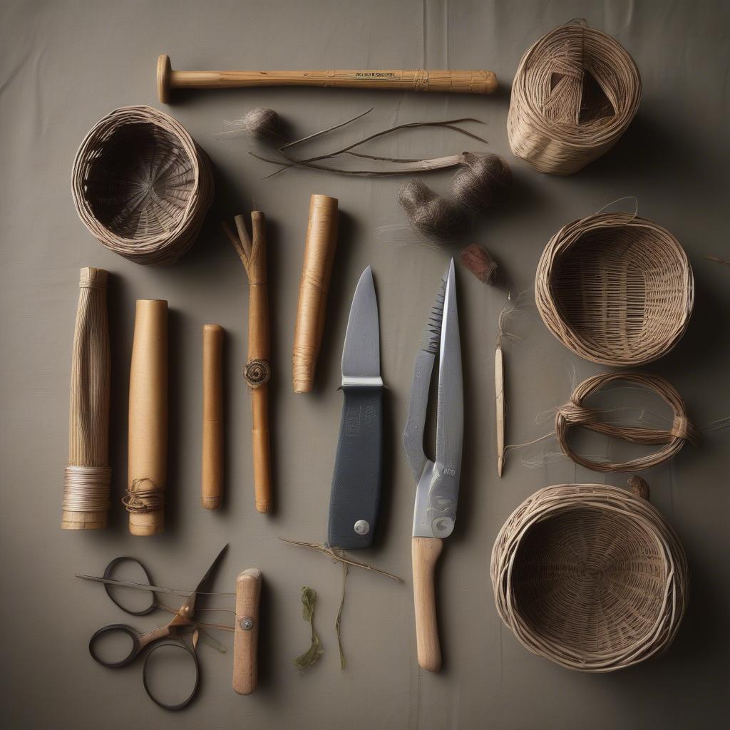 Essential basket weaving tools arranged with willow.