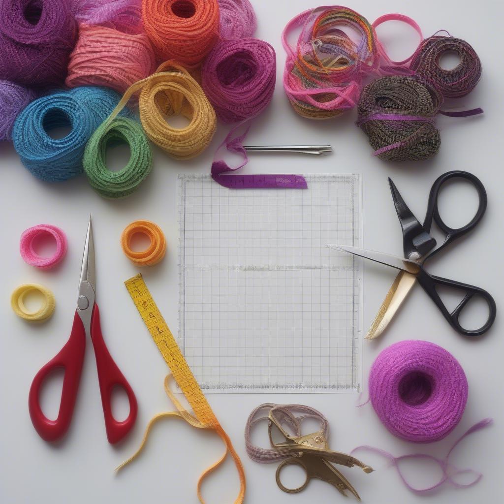 Essential Materials for a Basket Weave Bracelet: An assortment of colorful threads, scissors, a tape measure, and a clipboard.