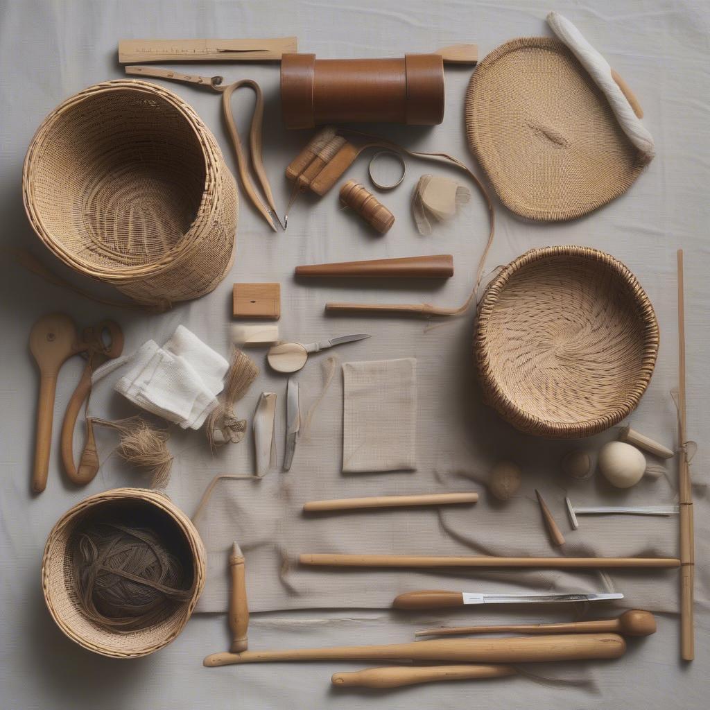 Essential Nantucket Basket Weaving Supplies: An array of tools and materials including rattan cane, a wooden base, a sharp knife, a measuring tool, an awl, a mallet, and a damp cloth, all neatly arranged on a workbench.