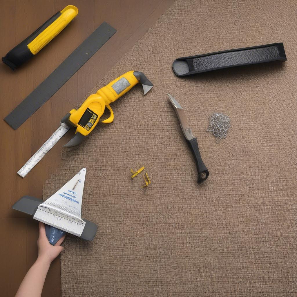 Essential tools for basket weave carpet installation including a measuring tape, utility knife, and carpet stretcher.