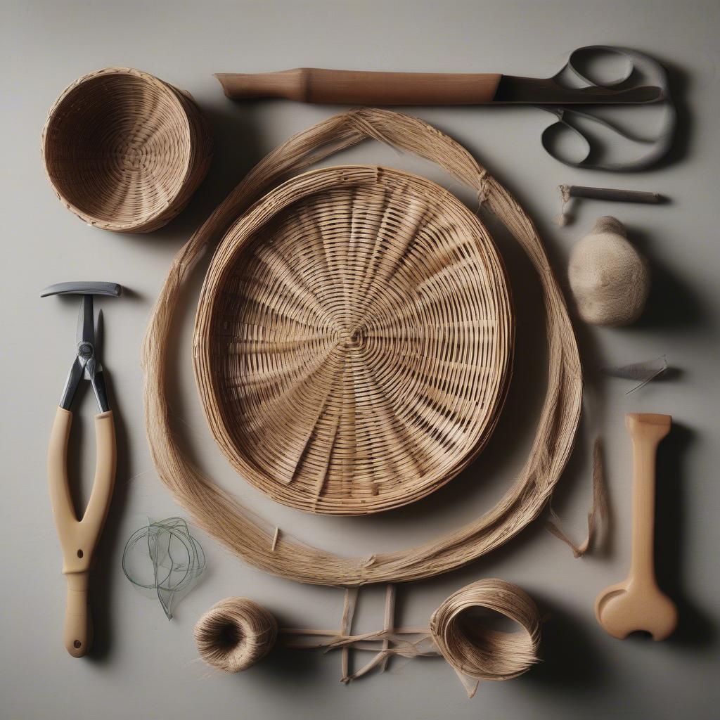 Essential tools for round basket weaving, including wooden strips, pruning shears, and a sturdy base.