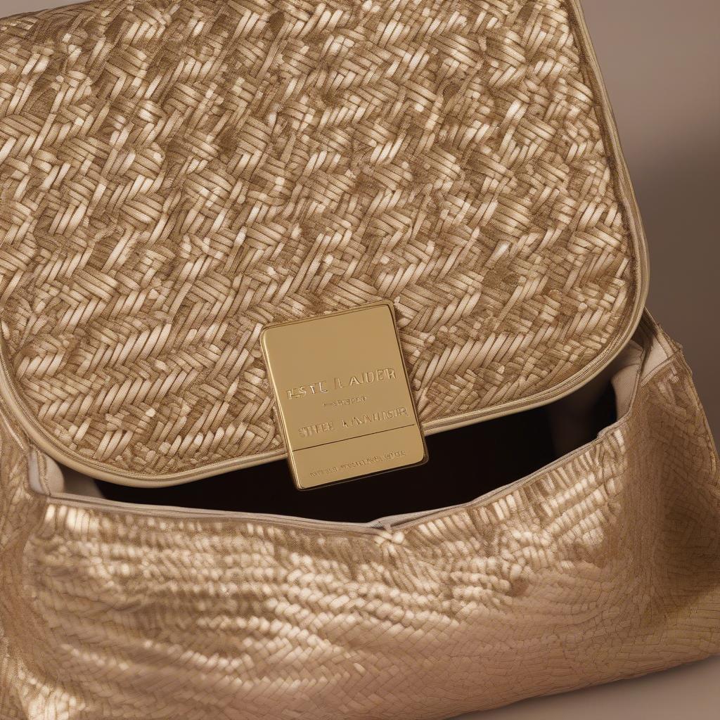 Close-up of an Estee Lauder woven bag showing the intricate details of the weave and the snap closure.