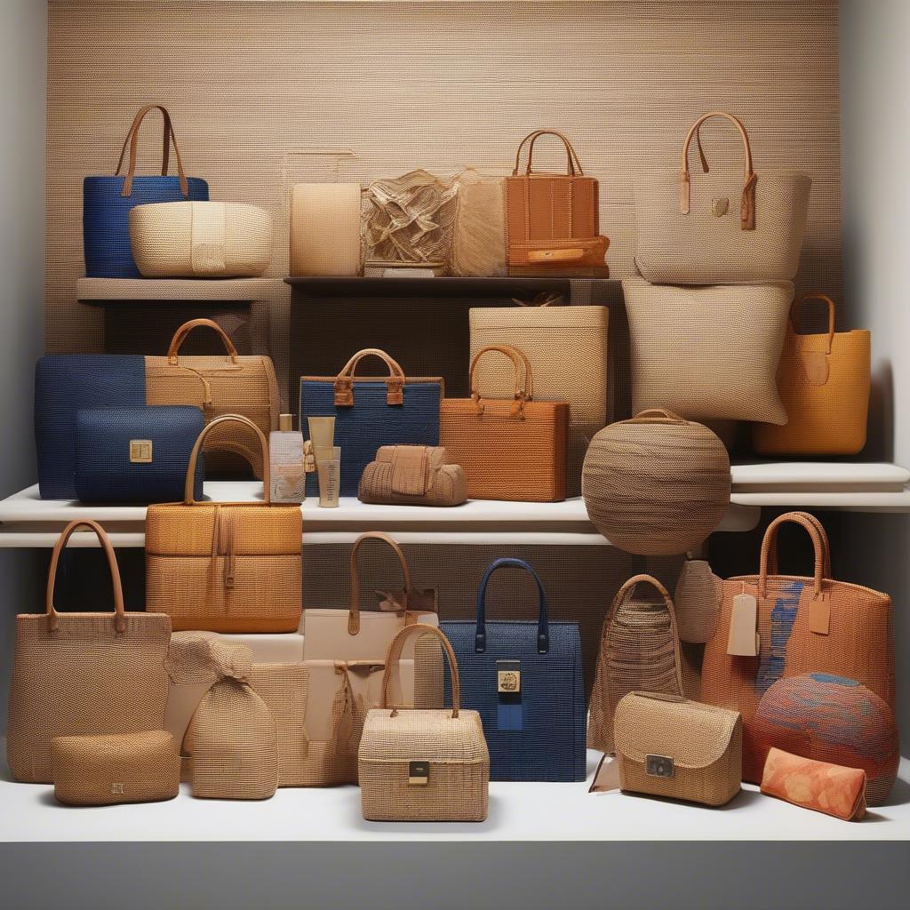 A collection of various Estee Lauder 5 x6 woven bags showcasing different designs and materials.