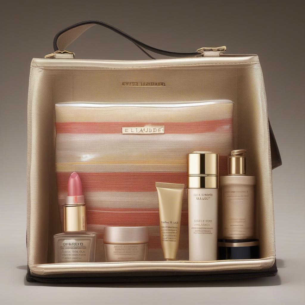 An Estee Lauder woven bag filled with vintage Estee Lauder cosmetics.