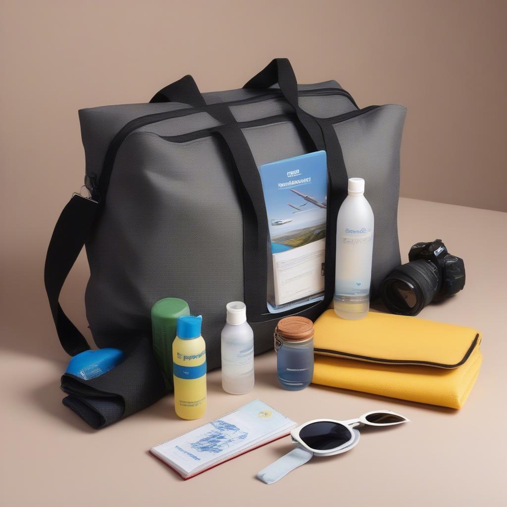 Expedia tote bag filled with travel essentials