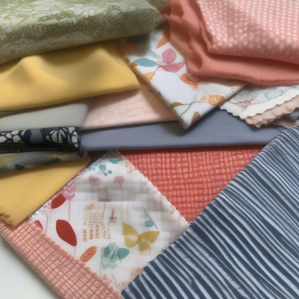 Various fabrics suitable for a basket weave baby quilt including cotton prints and solids.