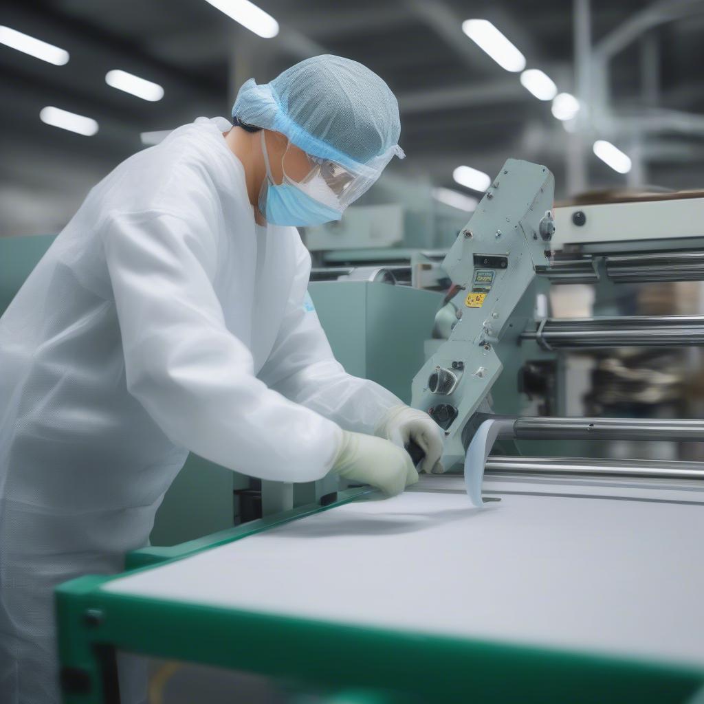 Factory Worker Inspecting a Non-Woven Bag Handle Punching Machine