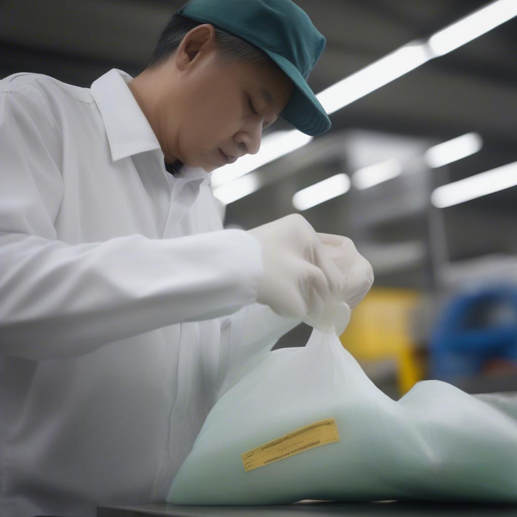 Factory worker meticulously inspecting finished non-woven bags for quality control.