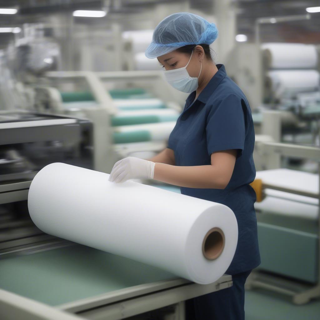 Factory Worker Inspecting Non-Woven Fabric