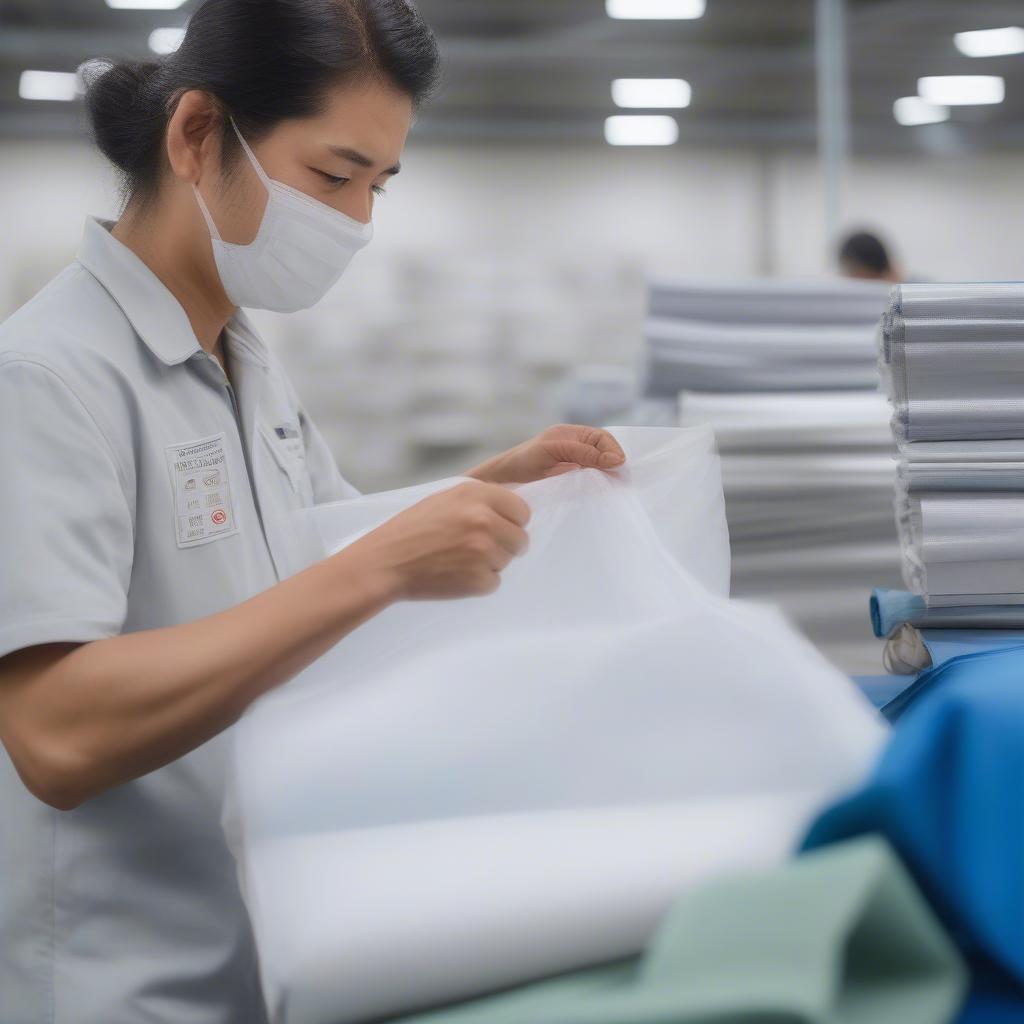 Factory Worker Inspecting PP Laminated Non-Woven Bags