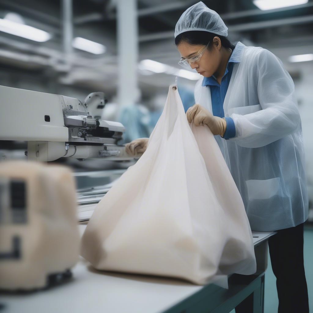 Factory worker inspecting the quality of a non-woven bag