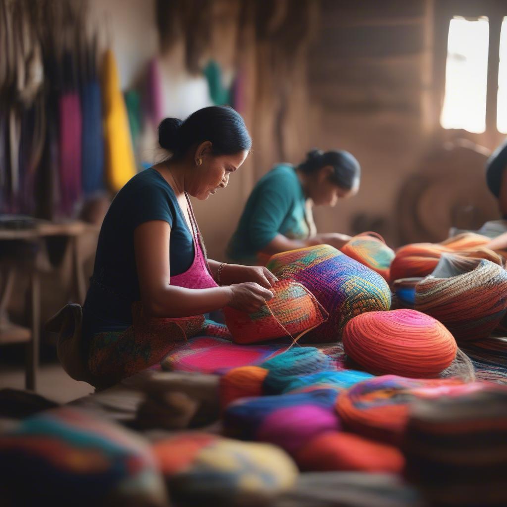 Artisans crafting a fair trade woven bag