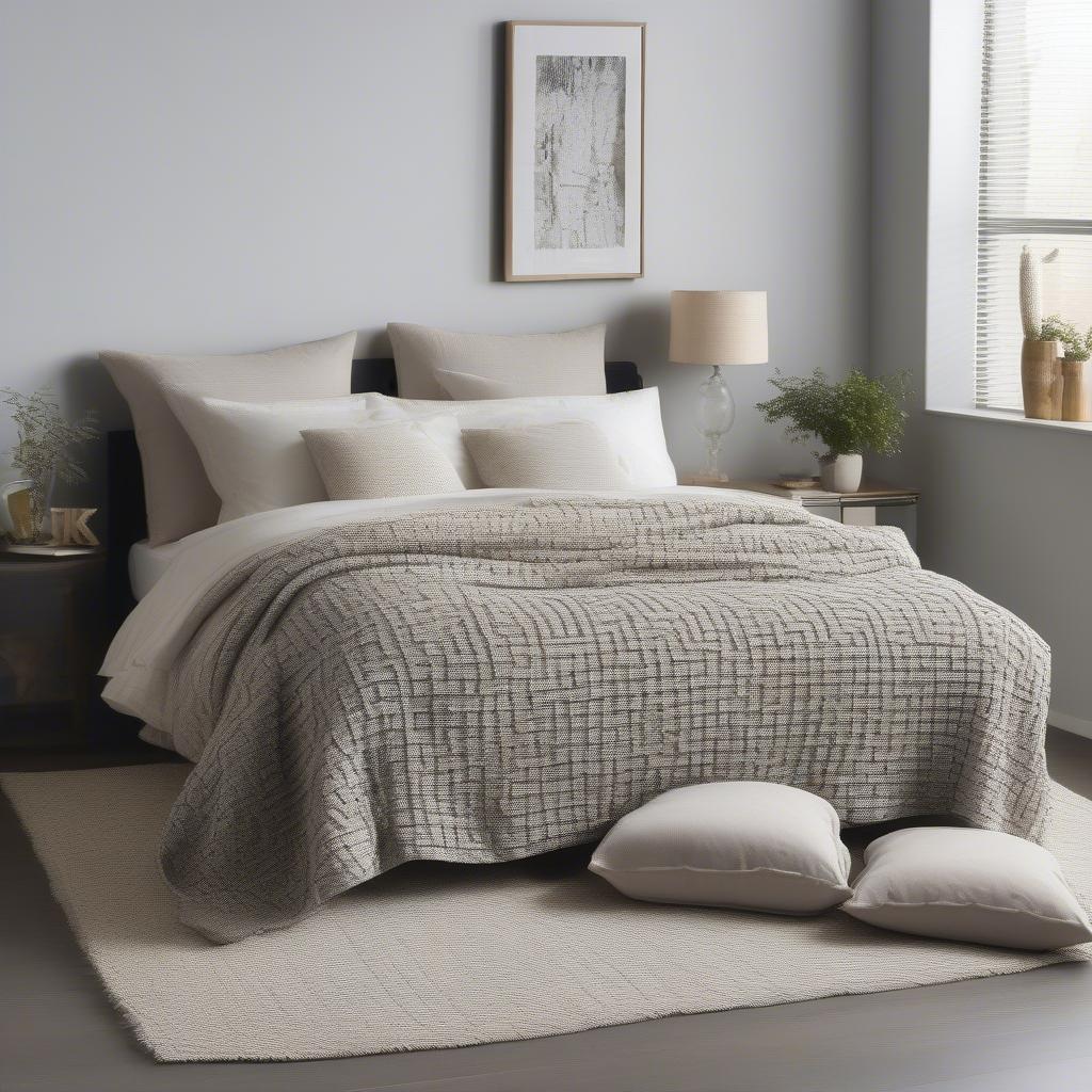 A fake basket weave pillow placed on a made bed with other decorative elements