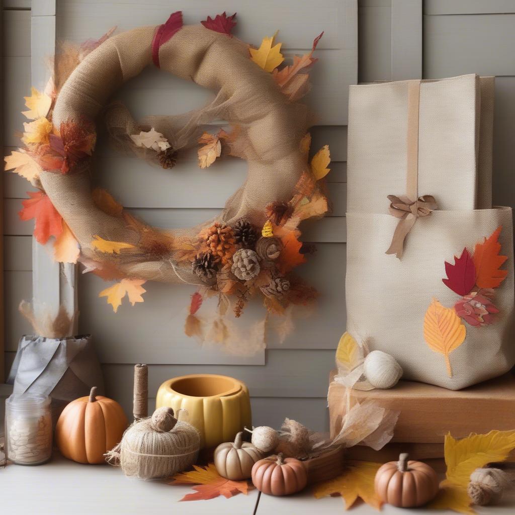 Various fall crafts made with non woven polypropylene bags including a wreath, gift bags, and wall hangings.