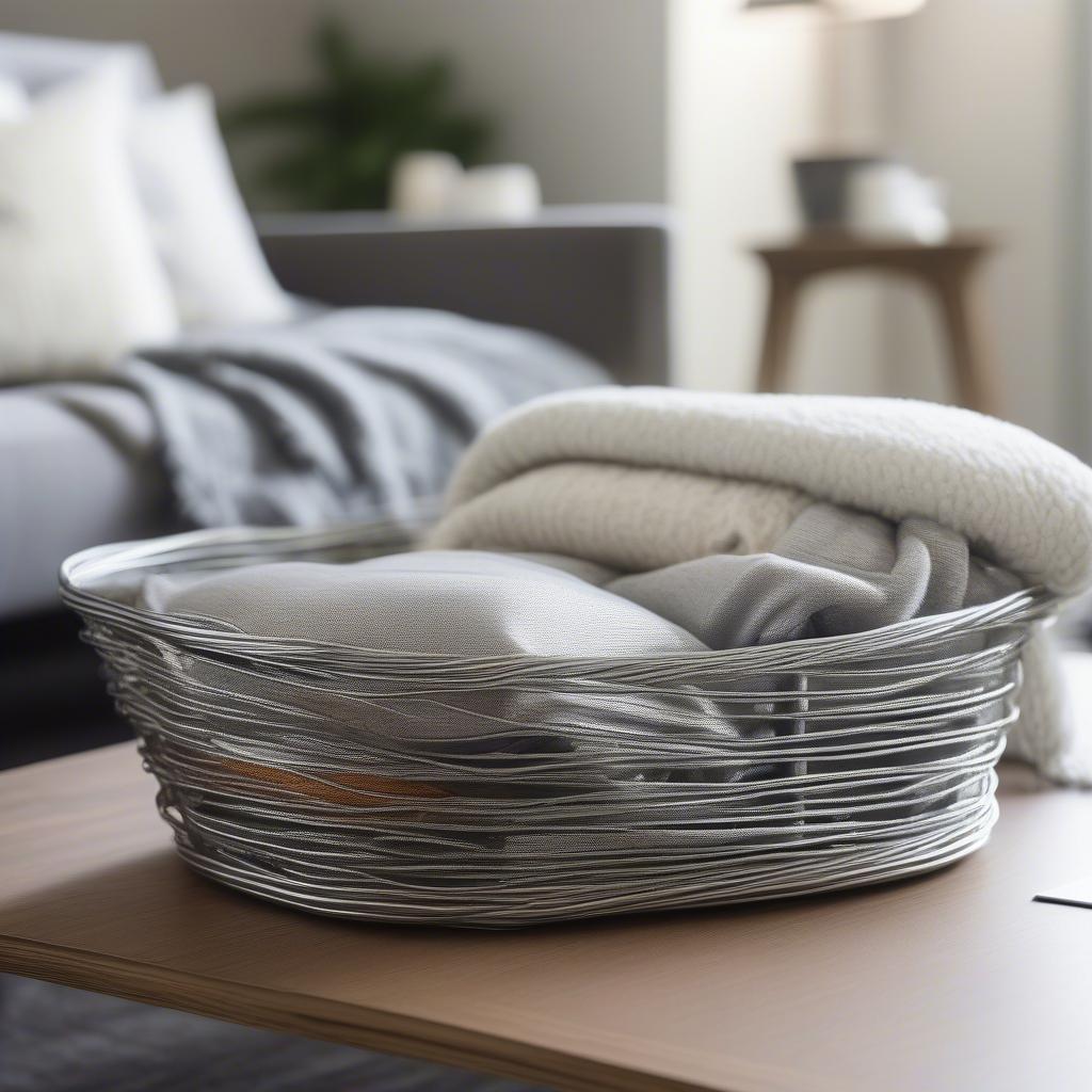 Silver metal basket adding a touch of elegance to a living room setting.