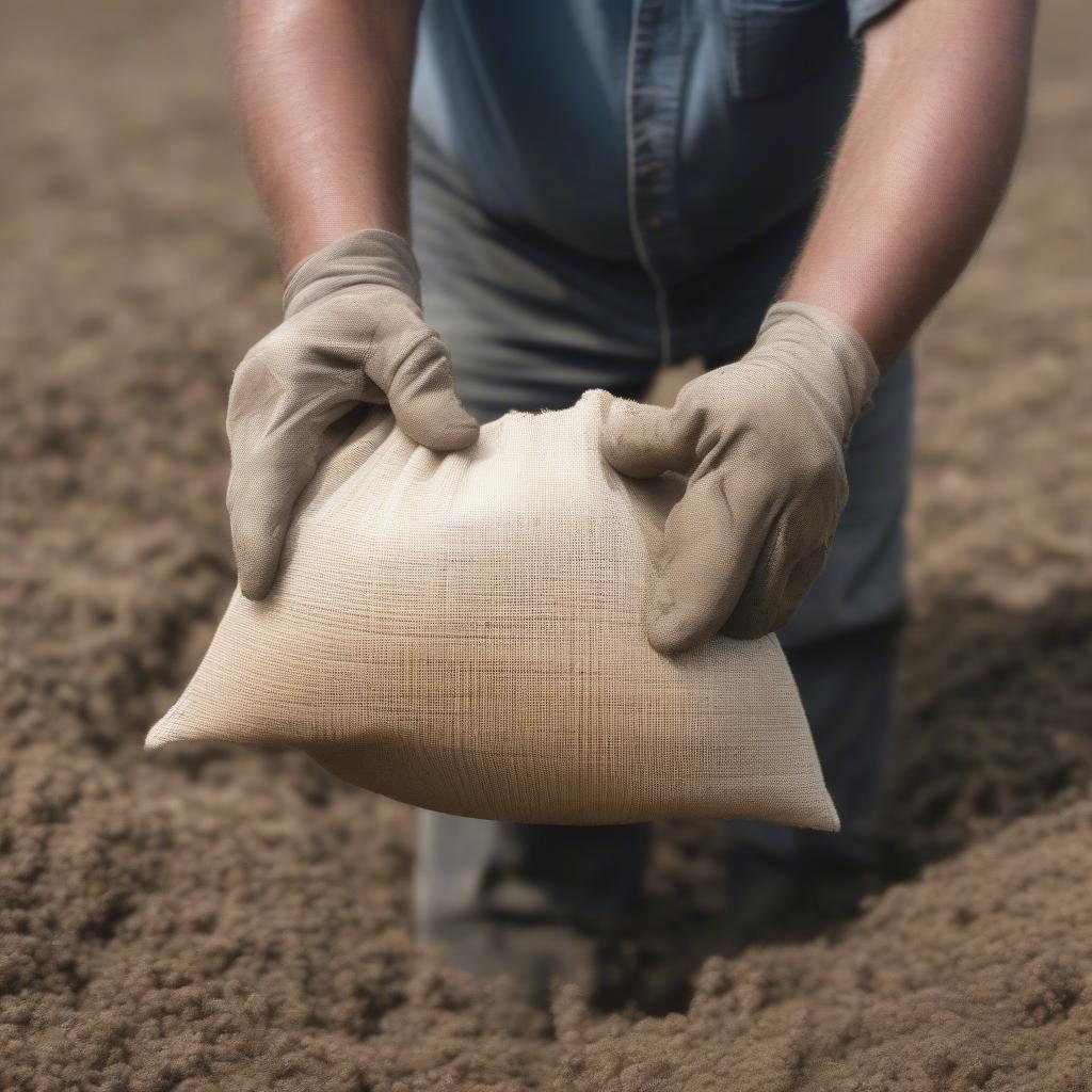 A farmer inspecting a poly woven fertilizer bag in the field, highlighting their practical use in agriculture.