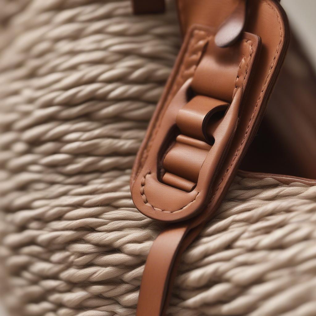 Close-up view of a Fat Face Tia woven bag showcasing its intricate weaving pattern and natural color.