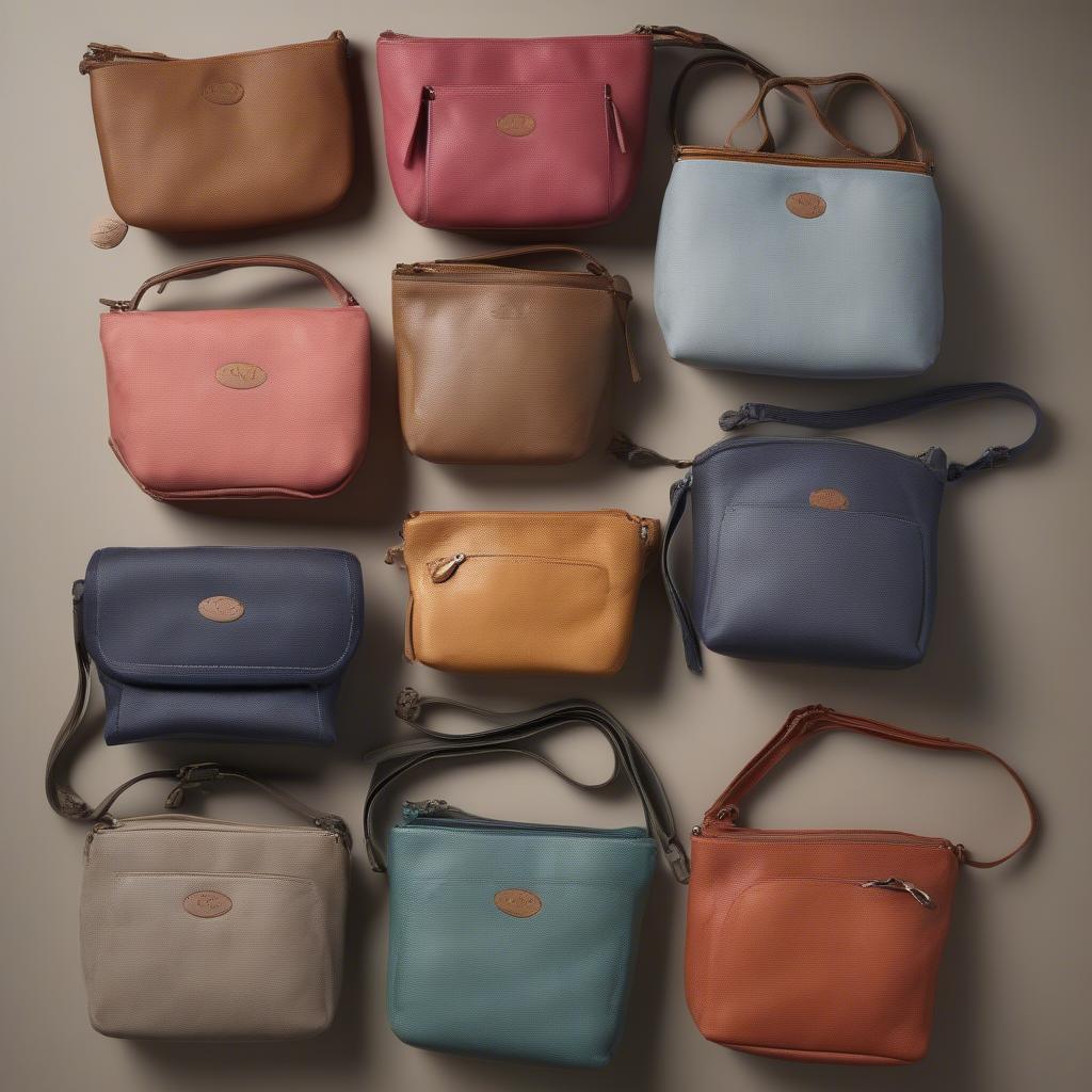 Display of Fat Face Tia woven bags in different color variations.