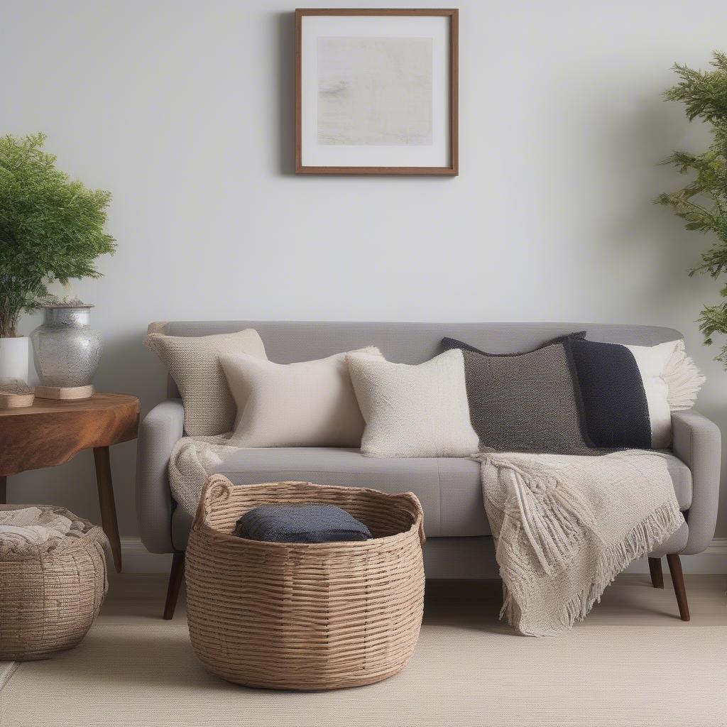 A faux weave storage basket used to organize blankets and throws in a living room setting.