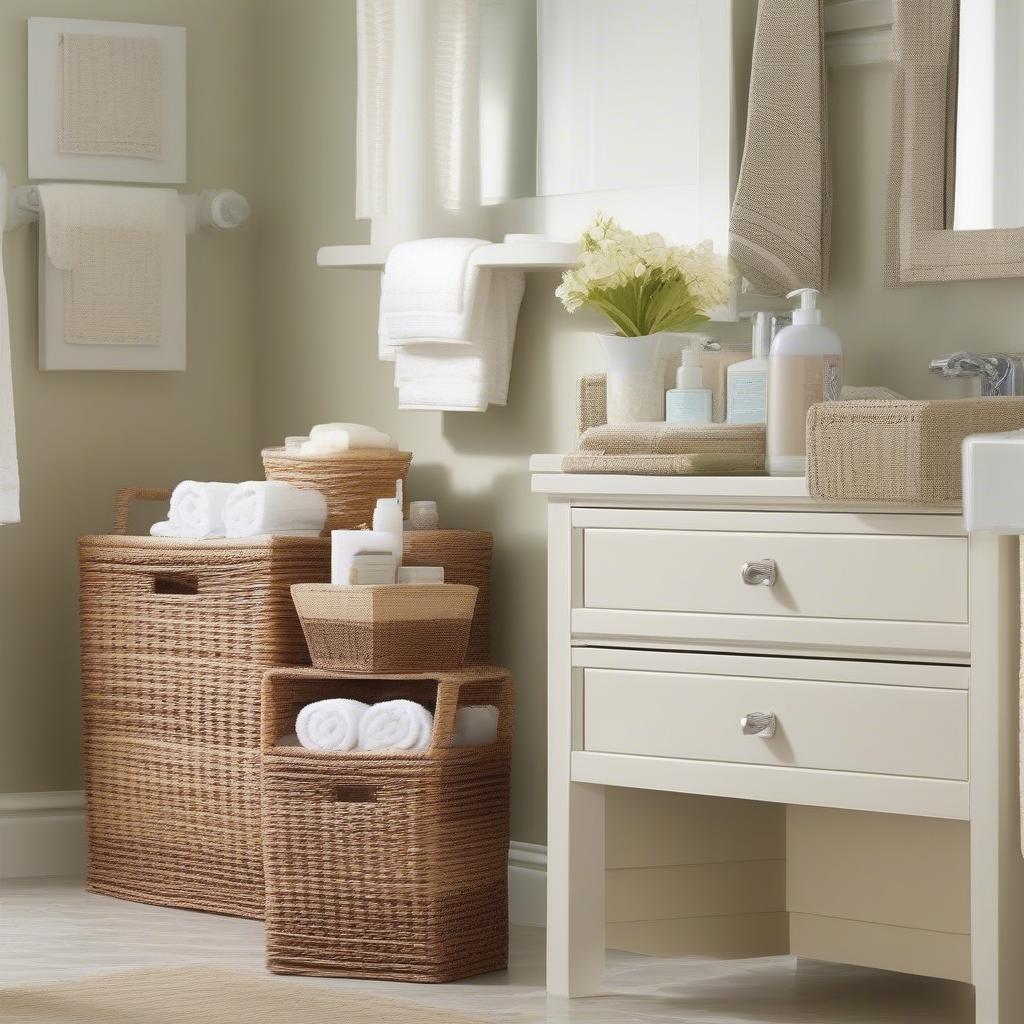 Faux weave storage baskets used to organize towels and toiletries in a bathroom setting.