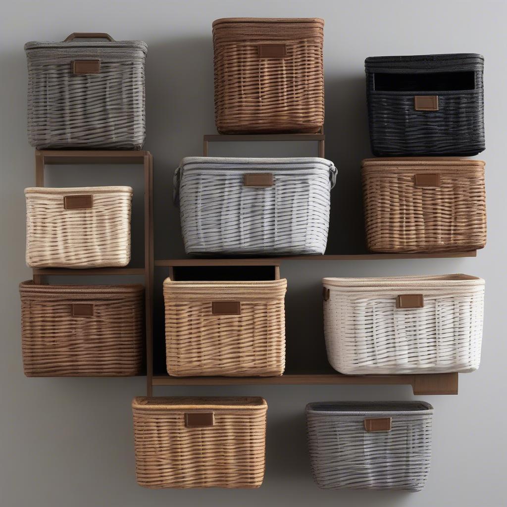 Various faux weave storage baskets in different shapes, sizes, and colors.