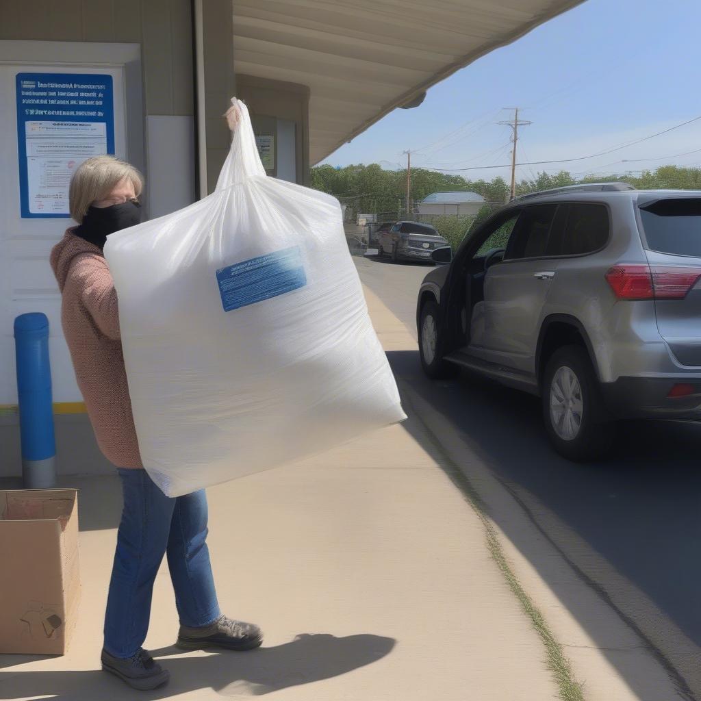 Dropping off woven feed bags at specific recycling centers.