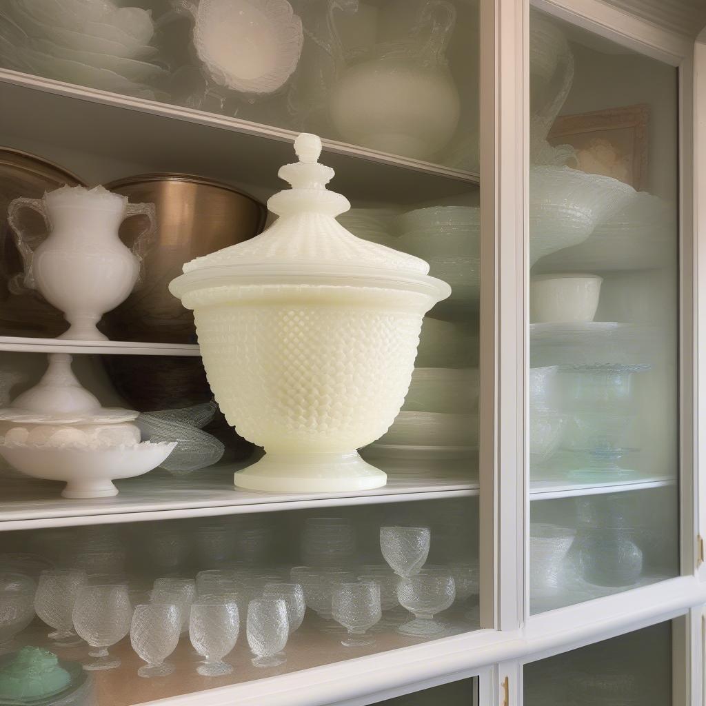 Displaying a Fenton Custard Glass Basket Weave Bowl