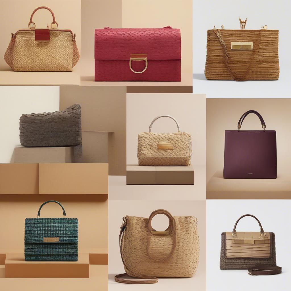 Different Styles of Ferragamo Woven Bags: A collage showcasing the variety of Ferragamo woven bag styles, including totes, shoulder bags, clutches, and cross-body bags in various colors and materials.