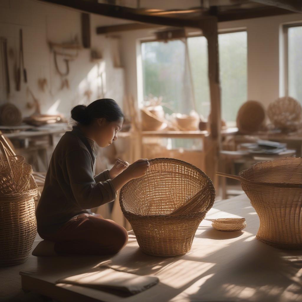 Student working with rattan in a fiber arts studio