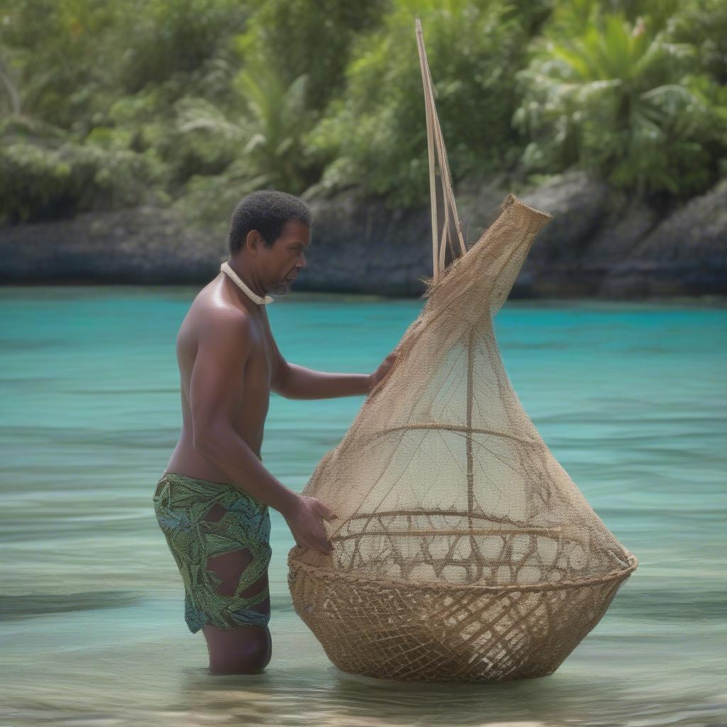 A Fijian man using a traditional woven fishing trap, demonstrating the practical application of basket weaving techniques.