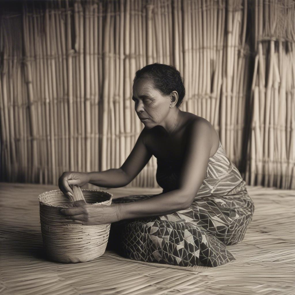 A Fijian woman expertly weaving a traditional basket using locally sourced materials.