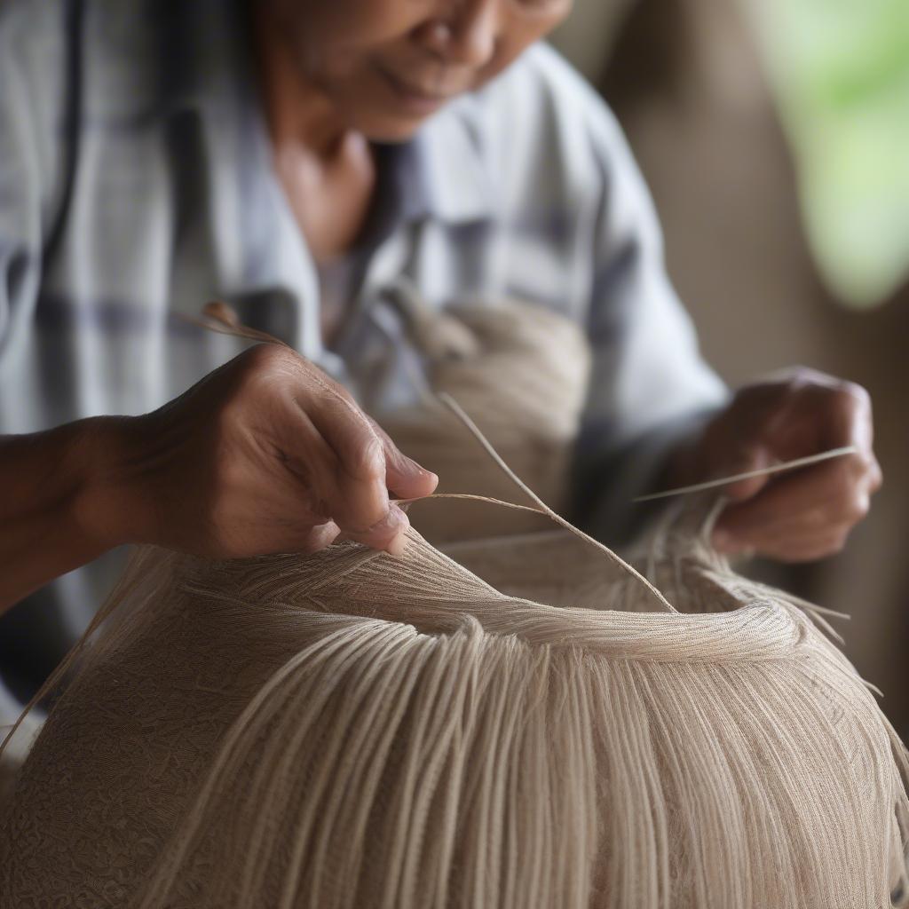 Filipino Artisan Weaving a Bag