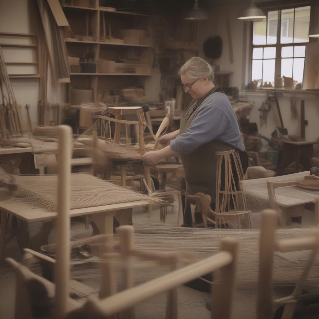 A chair weaver working in their workshop in Marysville, Indiana.