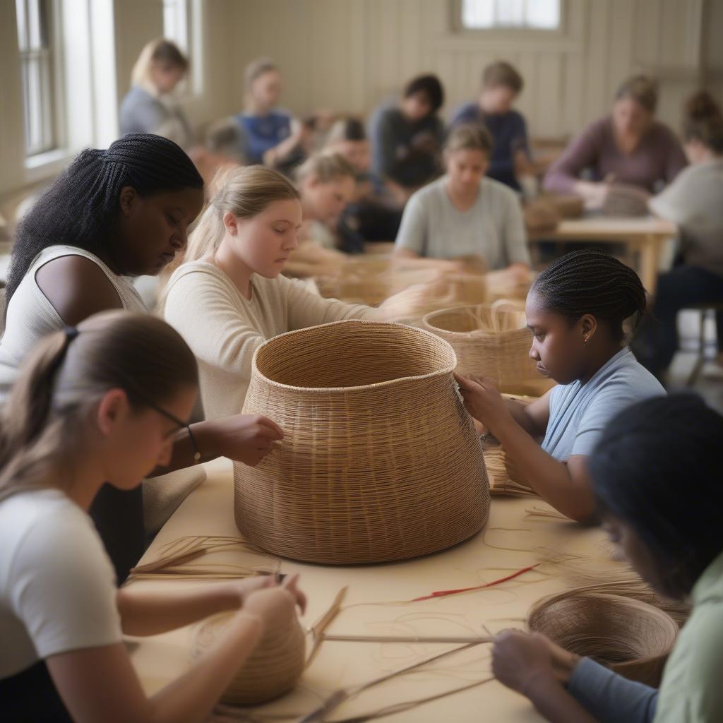 Students of varying ages and skill levels working on Nantucket baskets in a classroom setting on Cape Cod.