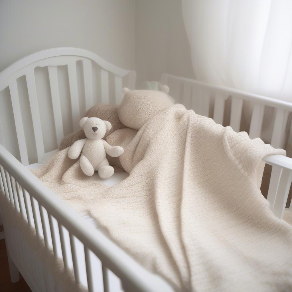 A finished baby basket weave blanket draped over a crib.