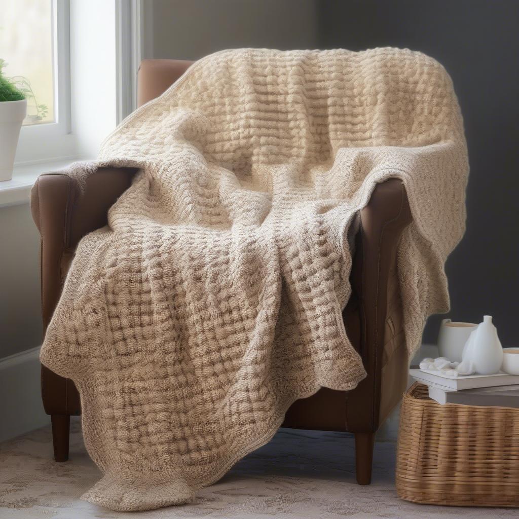 A completed single-color basket weave afghan draped over a comfortable armchair.