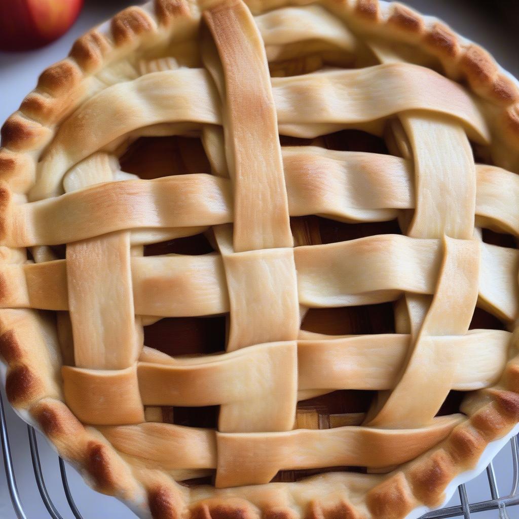 A freshly baked basket weave apple pie, golden brown and ready to serve.