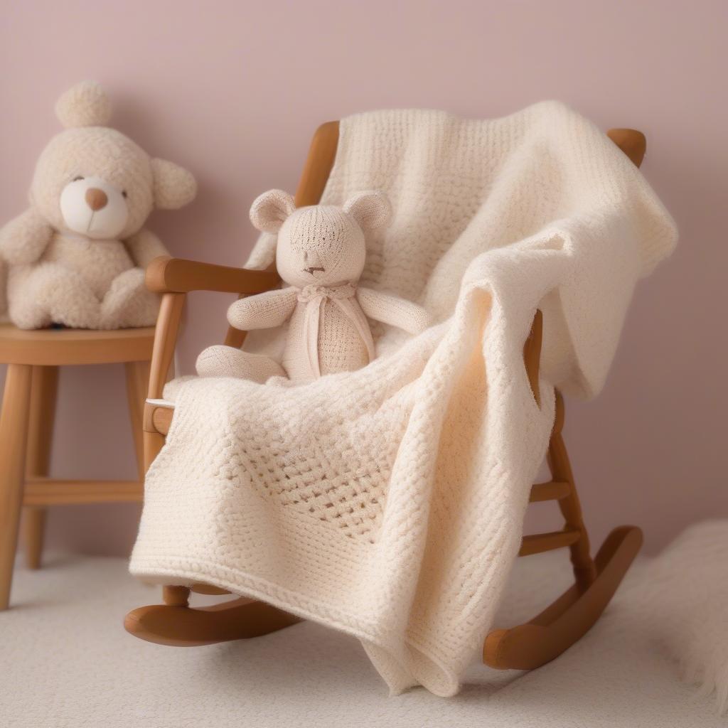 A completed basket weave baby afghan draped over a rocking chair