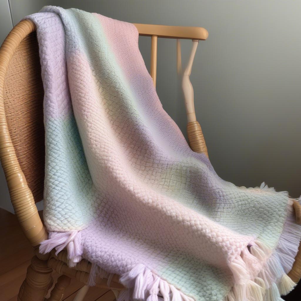 A completed basket weave baby blanket with tassels