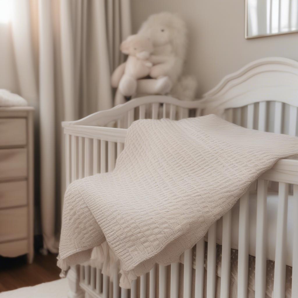 A finished basket weave knit baby blanket draped over a crib in a nursery