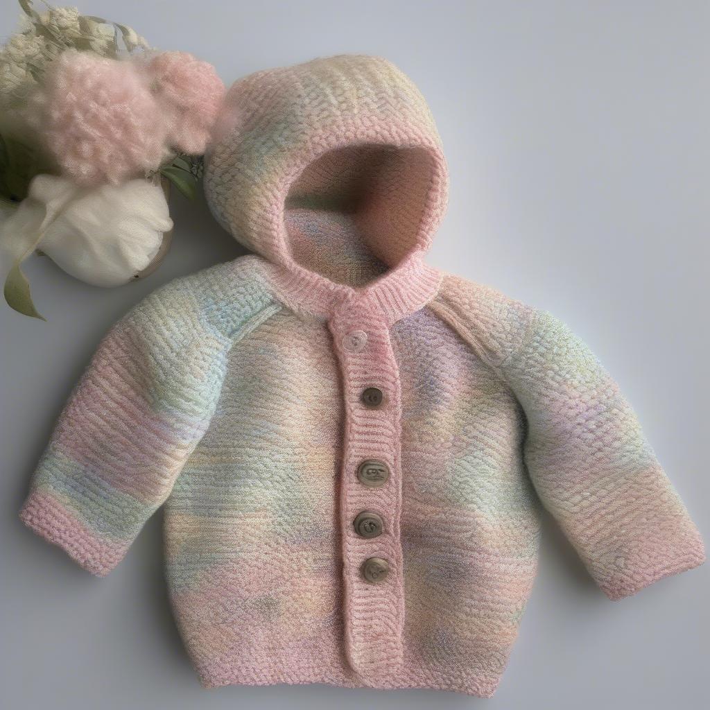 A completed basket weave baby cardigan, displayed on a small mannequin, showcasing the overall design and fit.