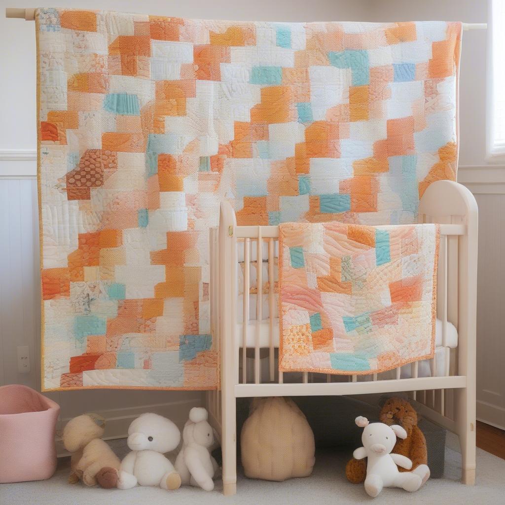 A completed basket weave baby quilt draped over a crib in a nursery.