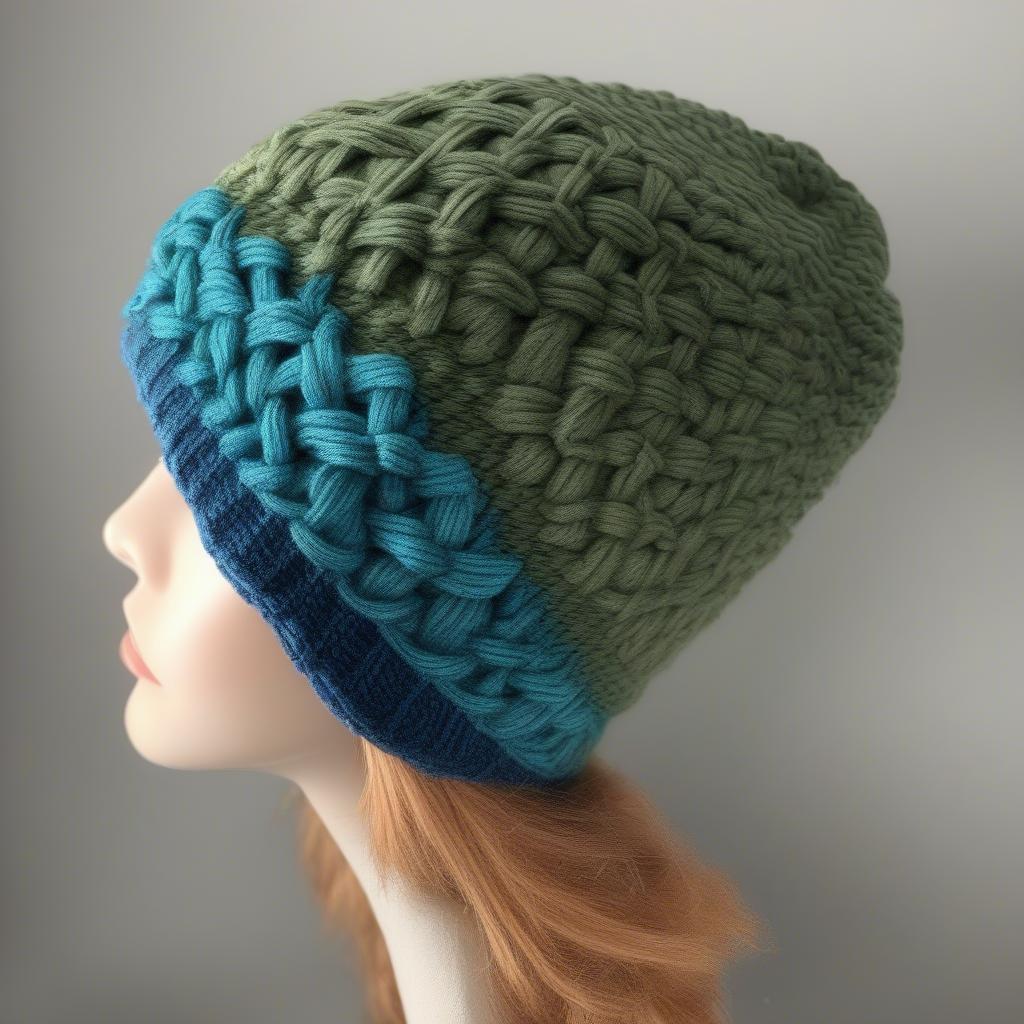 A completed basket weave beanie displayed on a mannequin head.