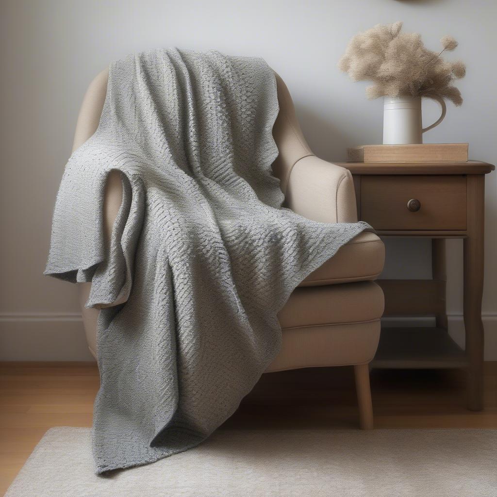 A completed basket weave blanket draped over a chair