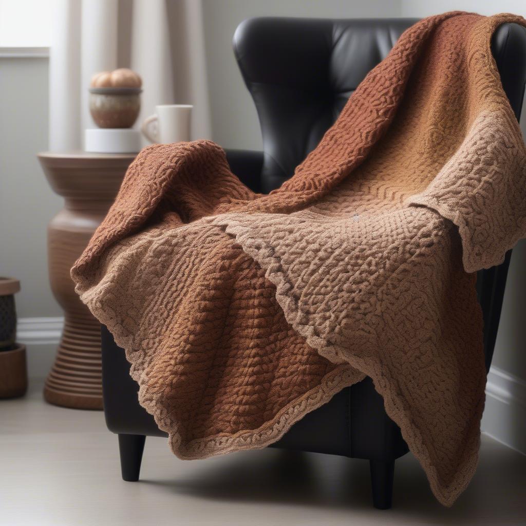 A completed basket weave crochet blanket draped over a chair, showcasing its intricate texture and warm color.