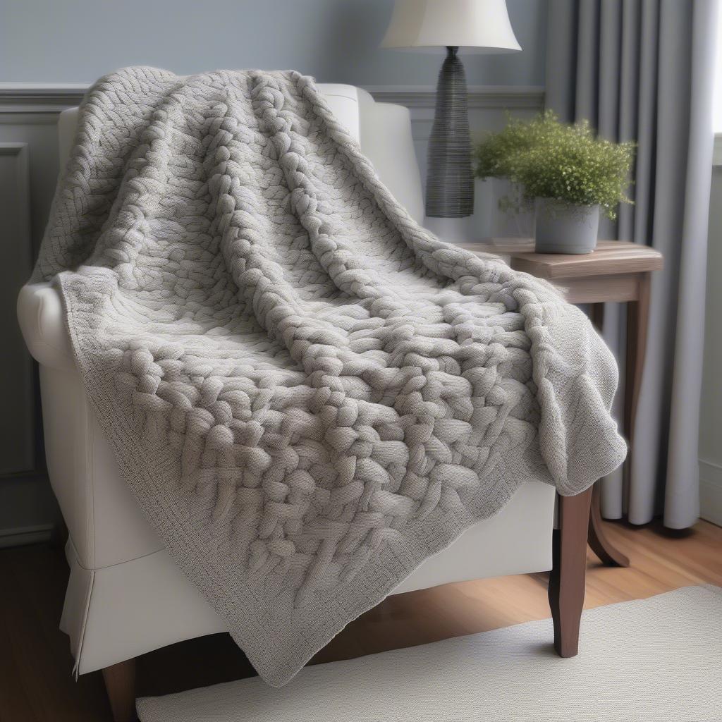 A completed basket weave chunky knit blanket draped over a chair.