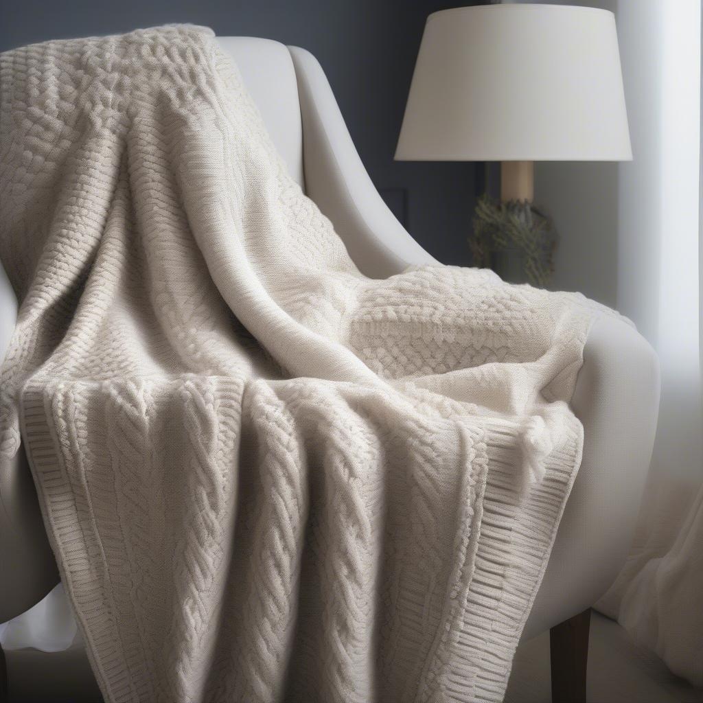 A completed basket weave knit blanket draped over a chair.