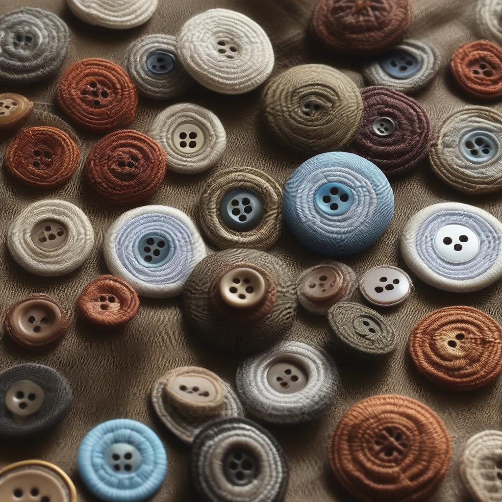 Several finished basket weave buttons displayed on a piece of textured fabric.